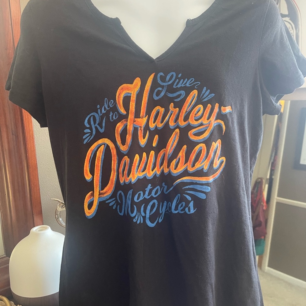 Harley-Davidson Women's Black Tee with Orange and Blue Graphics